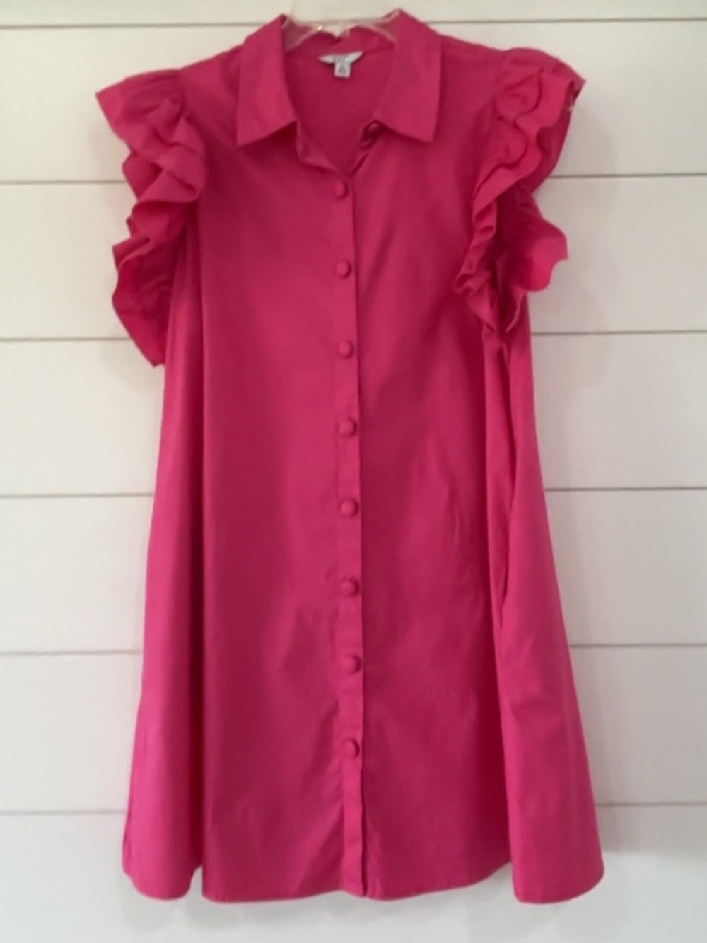 Crown & Ivy Bright Pink Ruffle Sleeve Button-Front Dress